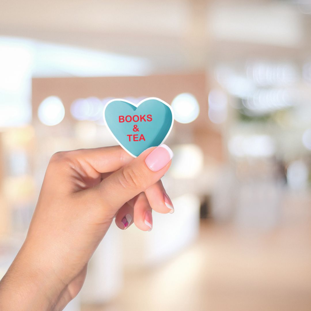 Books & Tea Heart Candy Sticker for Romance Readers
