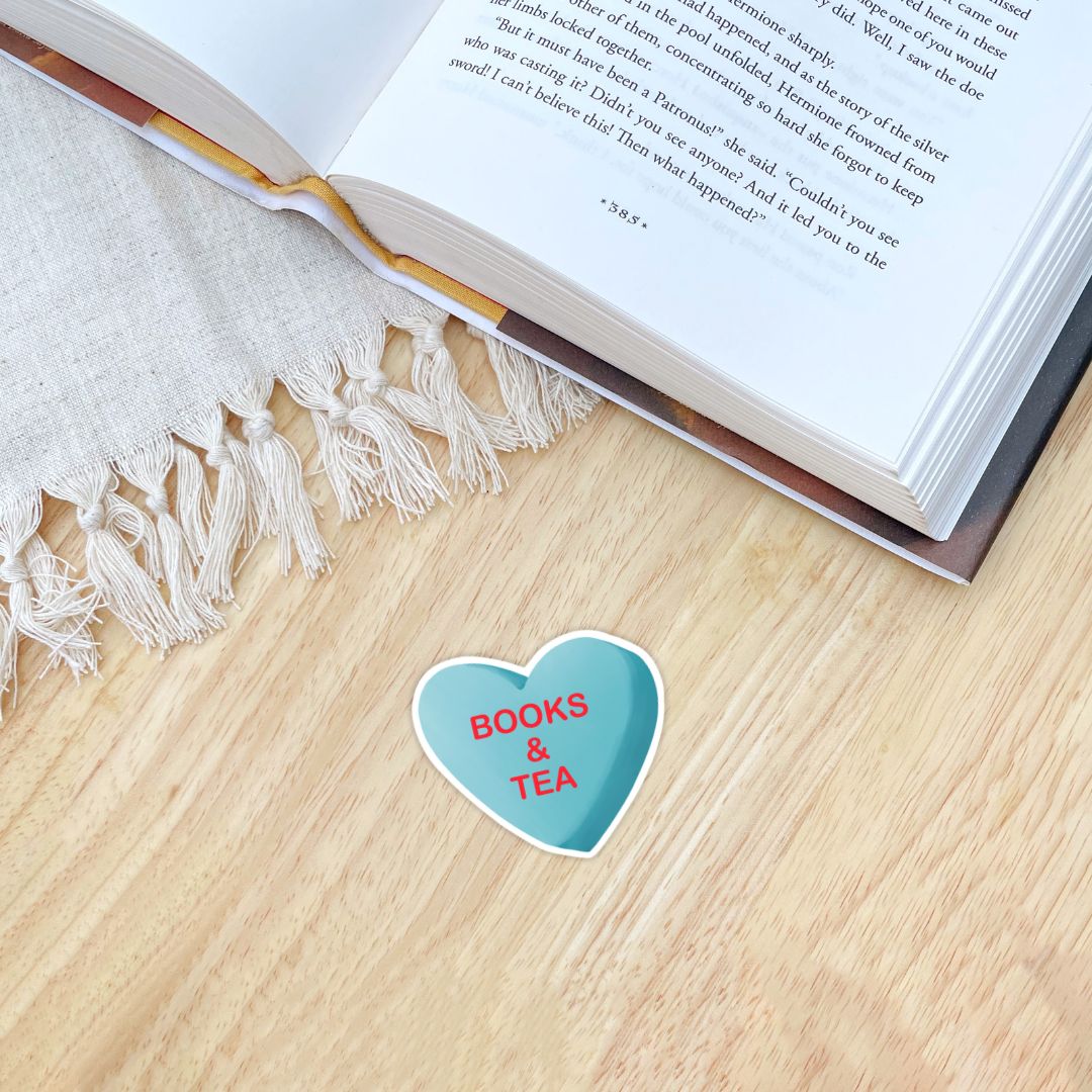 Books & Tea Heart Candy Sticker for Romance Readers