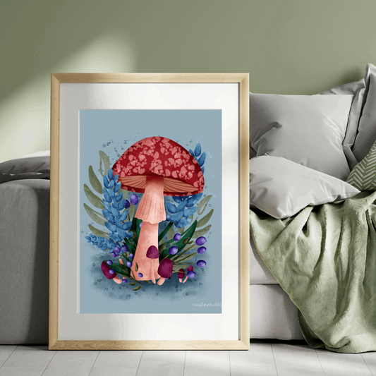 Blue Mushroom Art Print | Bookshelf Decor | Homestead Decor - Serafine Art & Design -