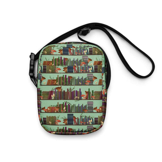 Bookish Crossbody Bag | Bag for Kindle | Cottagecore Mushroom Bookshelves - Serafine Art & Design -