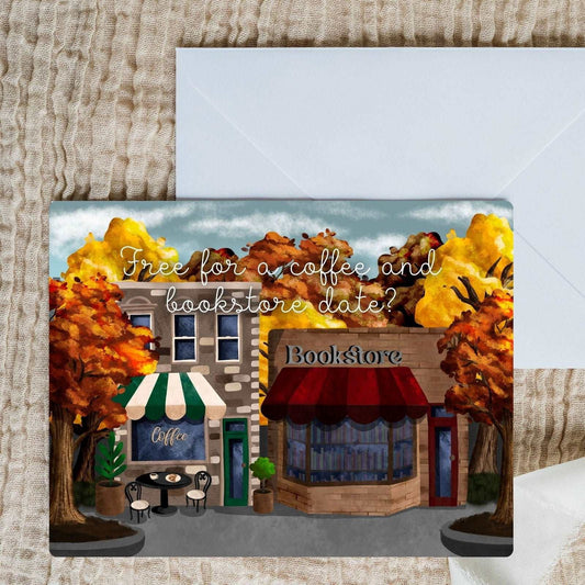 Coffee and Bookstore Date Just Because Card | Bookish Greeting Cards - Serafine Art & Design -