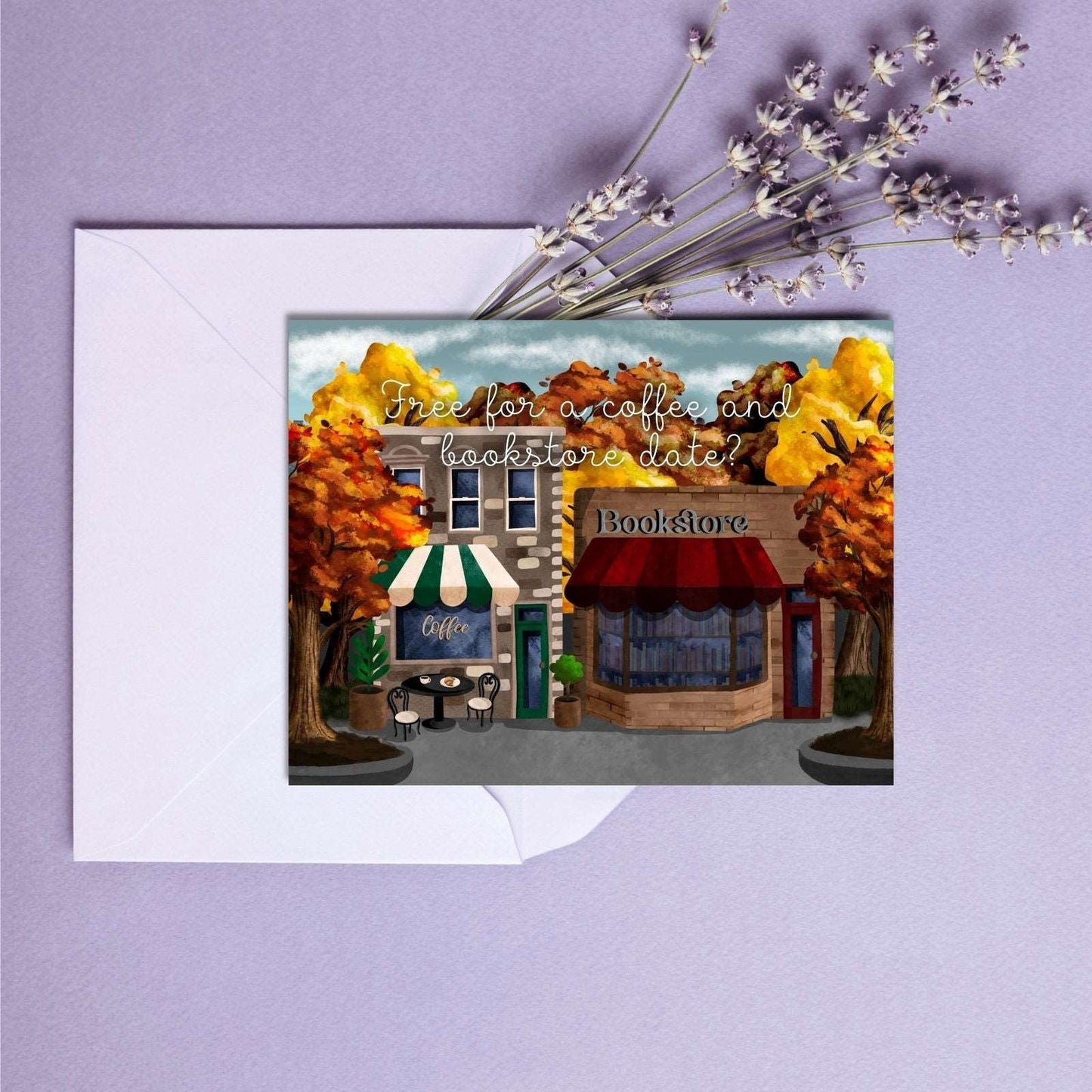 Coffee and Bookstore Date Just Because Card | Bookish Greeting Cards - Serafine Art & Design -