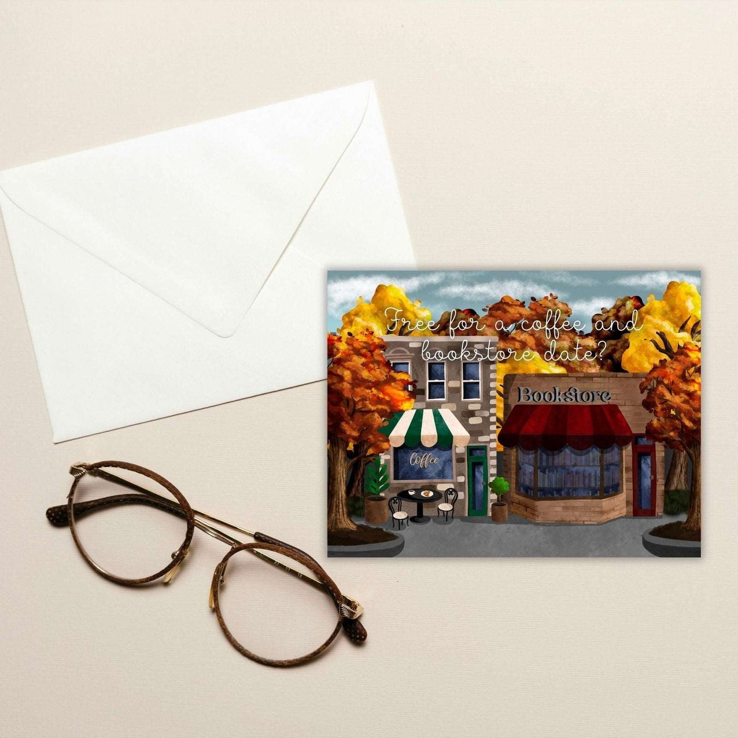 Coffee and Bookstore Date Just Because Card | Bookish Greeting Cards - Serafine Art & Design -