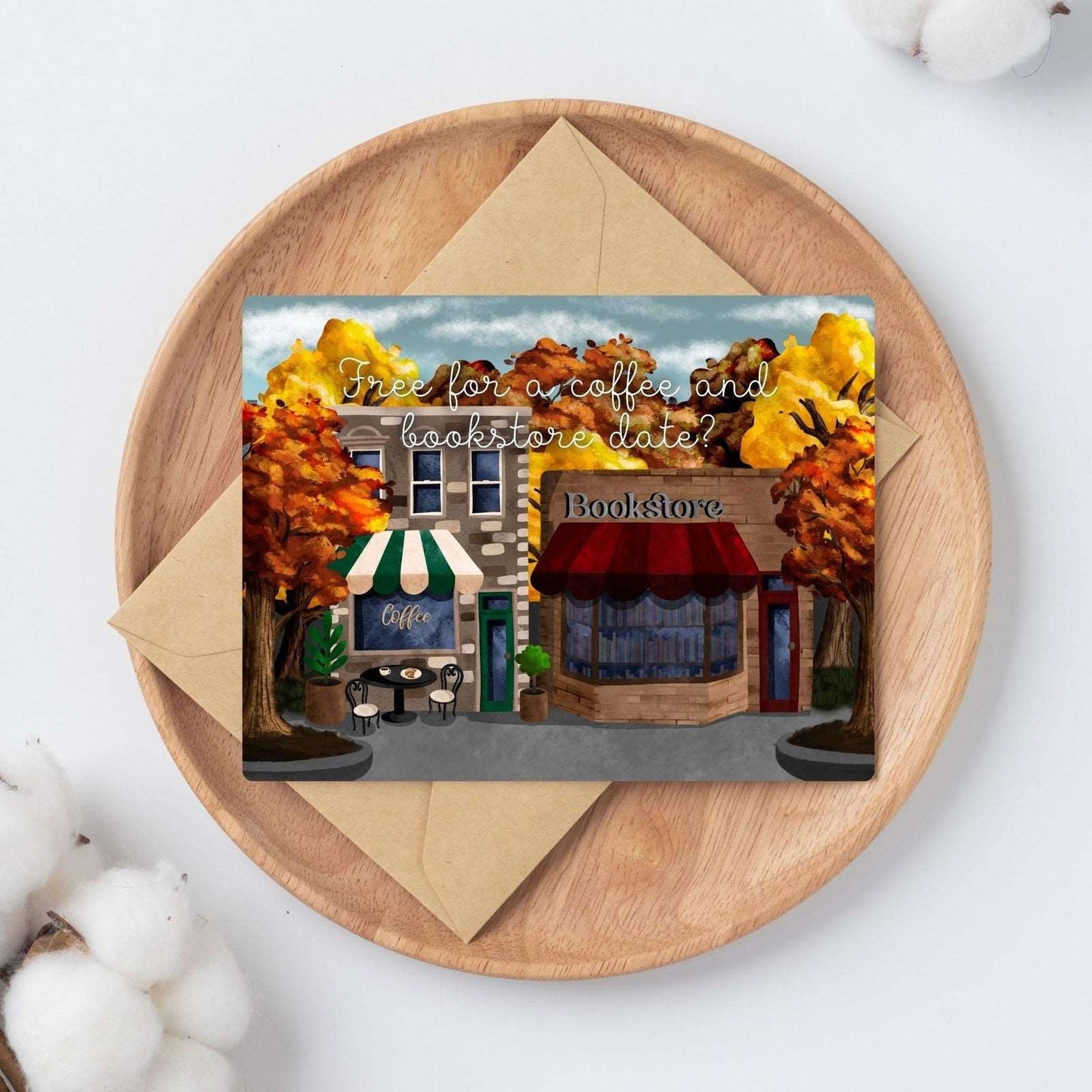Coffee and Bookstore Date Just Because Card | Bookish Greeting Cards - Serafine Art & Design -