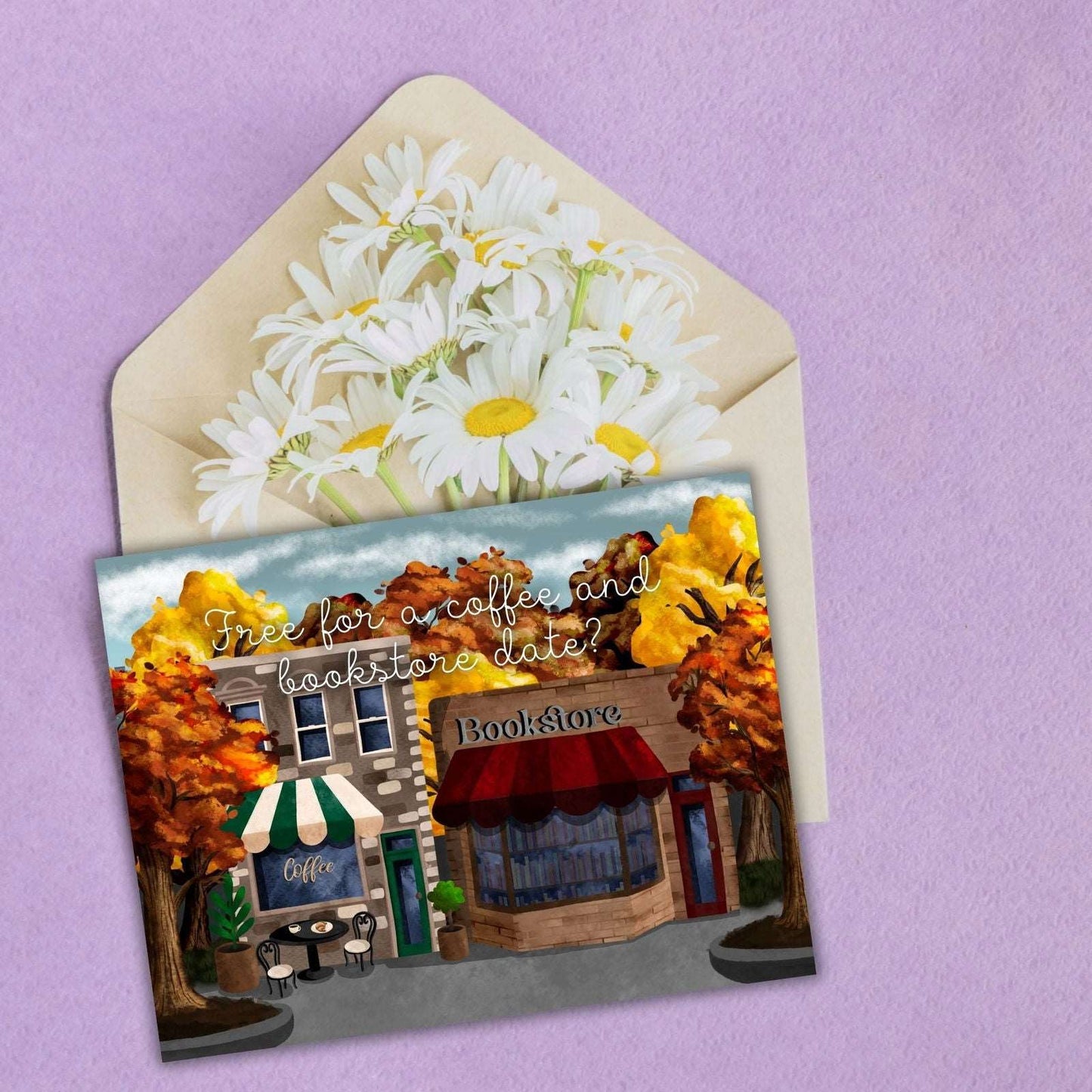 Coffee and Bookstore Date Just Because Card | Bookish Greeting Cards - Serafine Art & Design -