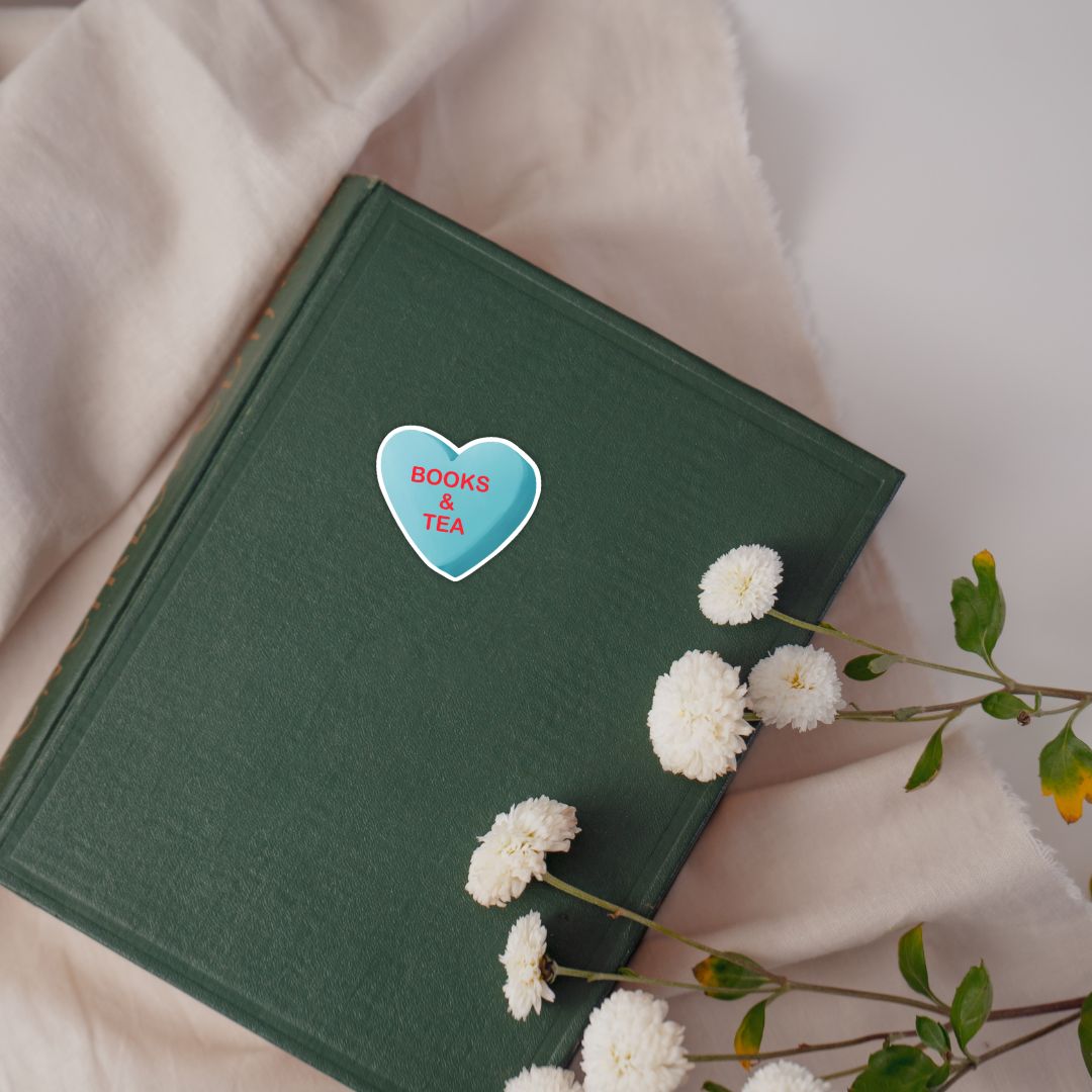 Books & Tea Heart Candy Sticker for Romance Readers