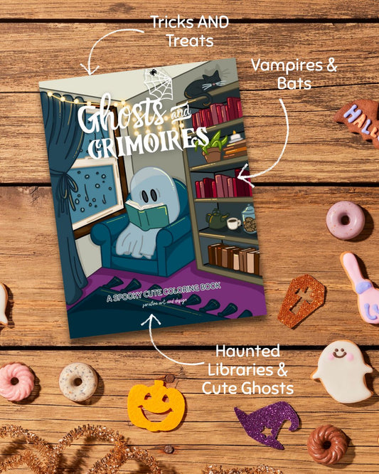 Ghosts and Grimoires: A Spooky-Cute Coloring Book for Cozy Witches and Halloween Lovers