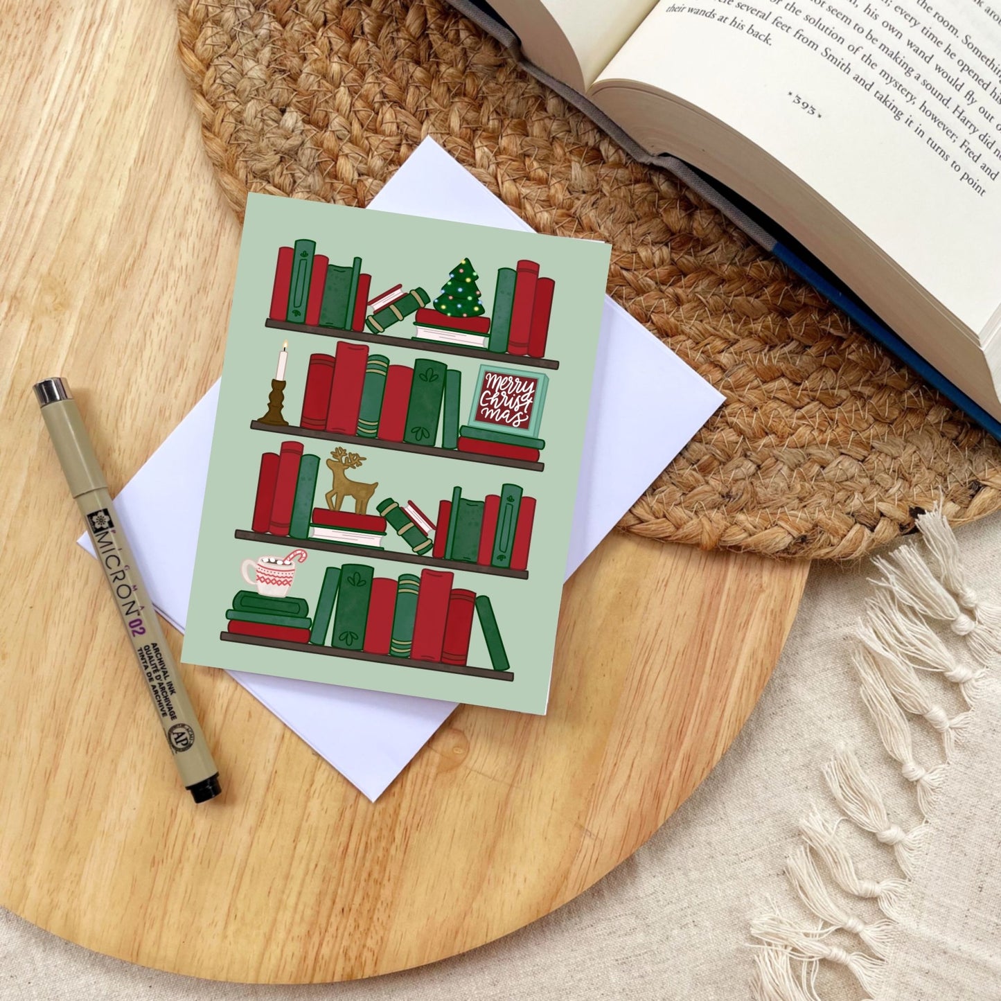 Festive Bookshelf Christmas Card | Bookish Greeting Cards