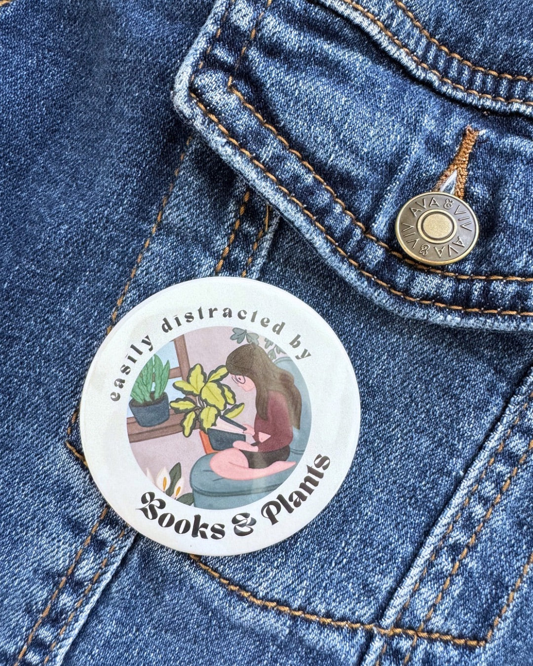 Easily Distracted By Books & Plants Pin | Bookish Pinback Button