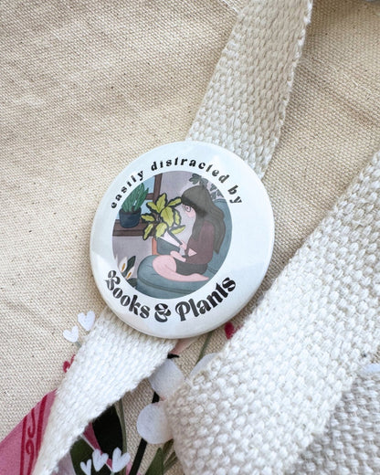 Easily Distracted By Books & Plants Pin | Bookish Pinback Button