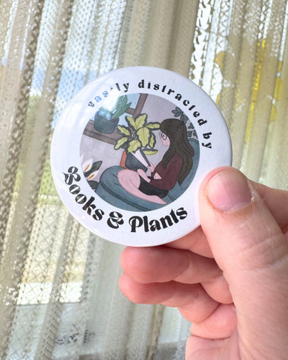 Easily Distracted By Books & Plants Pin | Bookish Pinback Button