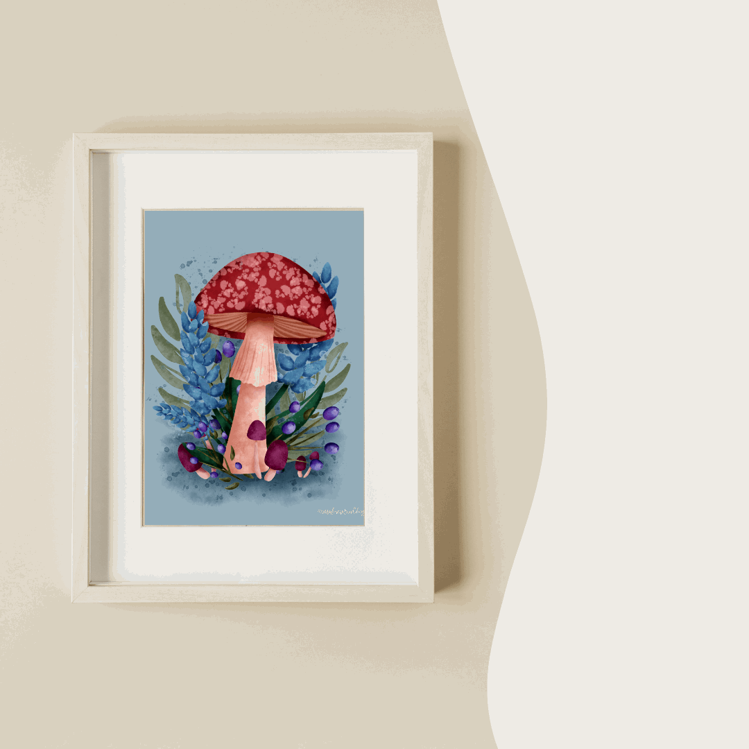 Blue Mushroom Art Print | Bookshelf Decor | Homestead Decor - Serafine Art & Design - 