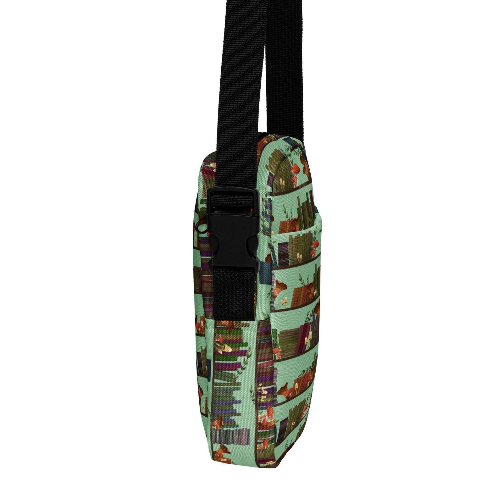 Bookish Crossbody Bag | Bag for Kindle | Cottagecore Mushroom Bookshelves - Serafine Art & Design - 