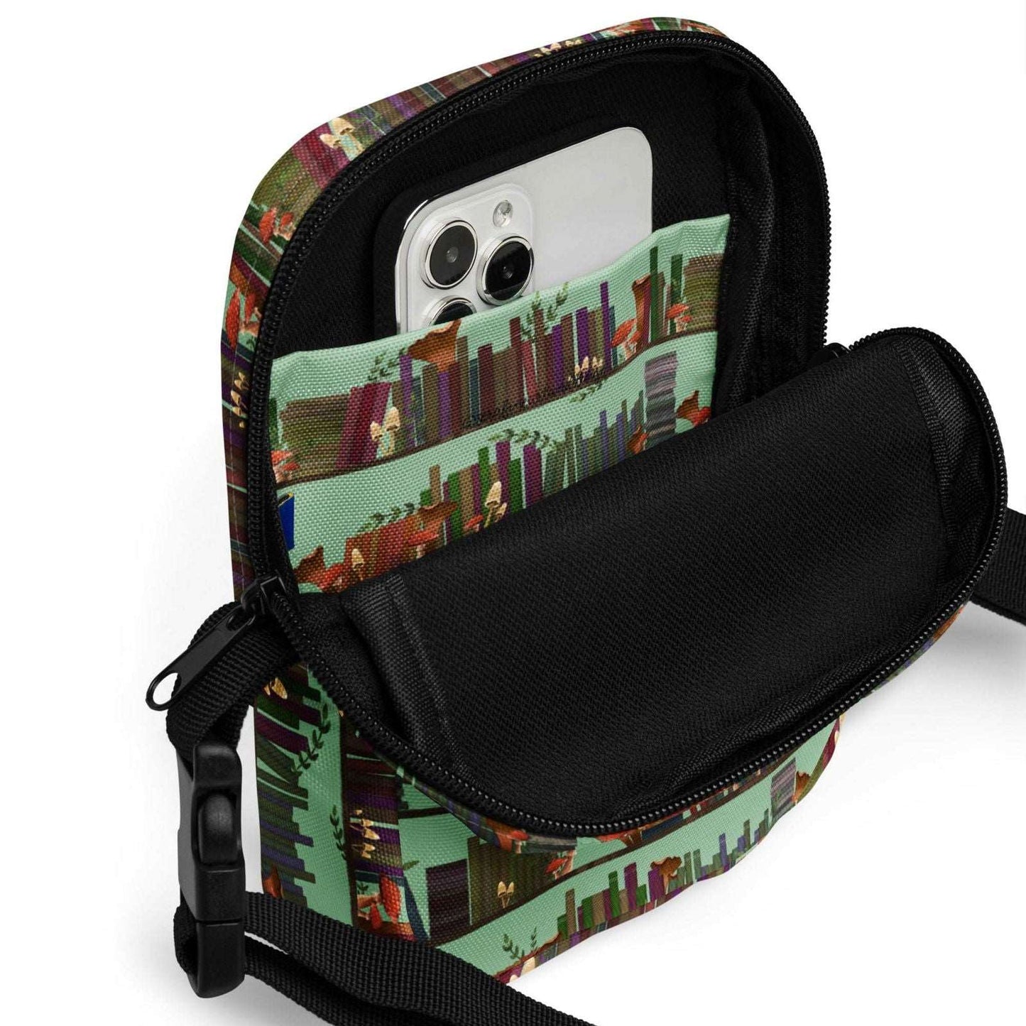 Bookish Crossbody Bag | Bag for Kindle | Cottagecore Mushroom Bookshelves - Serafine Art & Design - 