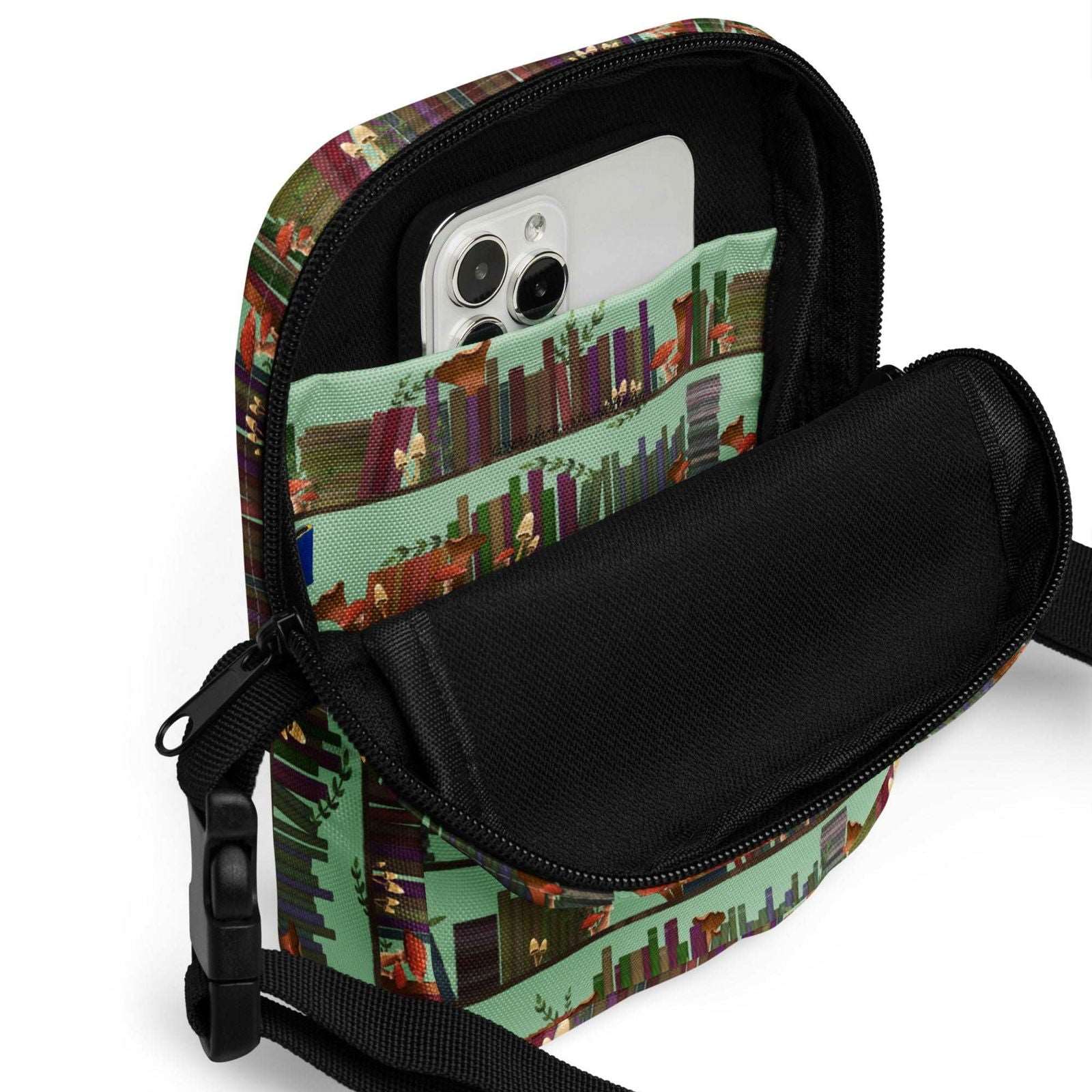 Bookish Crossbody Bag | Bag for Kindle | Cottagecore Mushroom Bookshelves - Serafine Art & Design - 