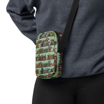 Bookish Crossbody Bag | Bag for Kindle | Cottagecore Mushroom Bookshelves - Serafine Art & Design - 