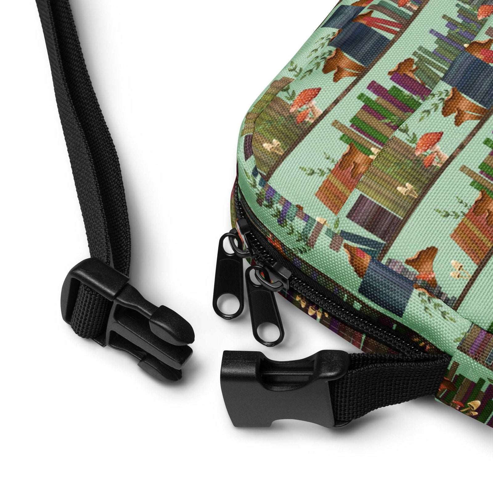 Bookish Crossbody Bag | Bag for Kindle | Cottagecore Mushroom Bookshelves - Serafine Art & Design - 