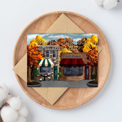 Coffee and Bookstore Date Just Because Card | Bookish Greeting Cards - Serafine Art & Design - 