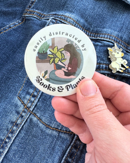 Easily Distracted By Books & Plants Pin | Bookish Pinback Button
