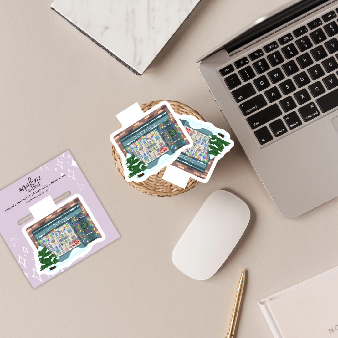 Cozy Christmas Bookstore Magnetic Bookmark | Cute Reading Accessories Gift for Book Lovers