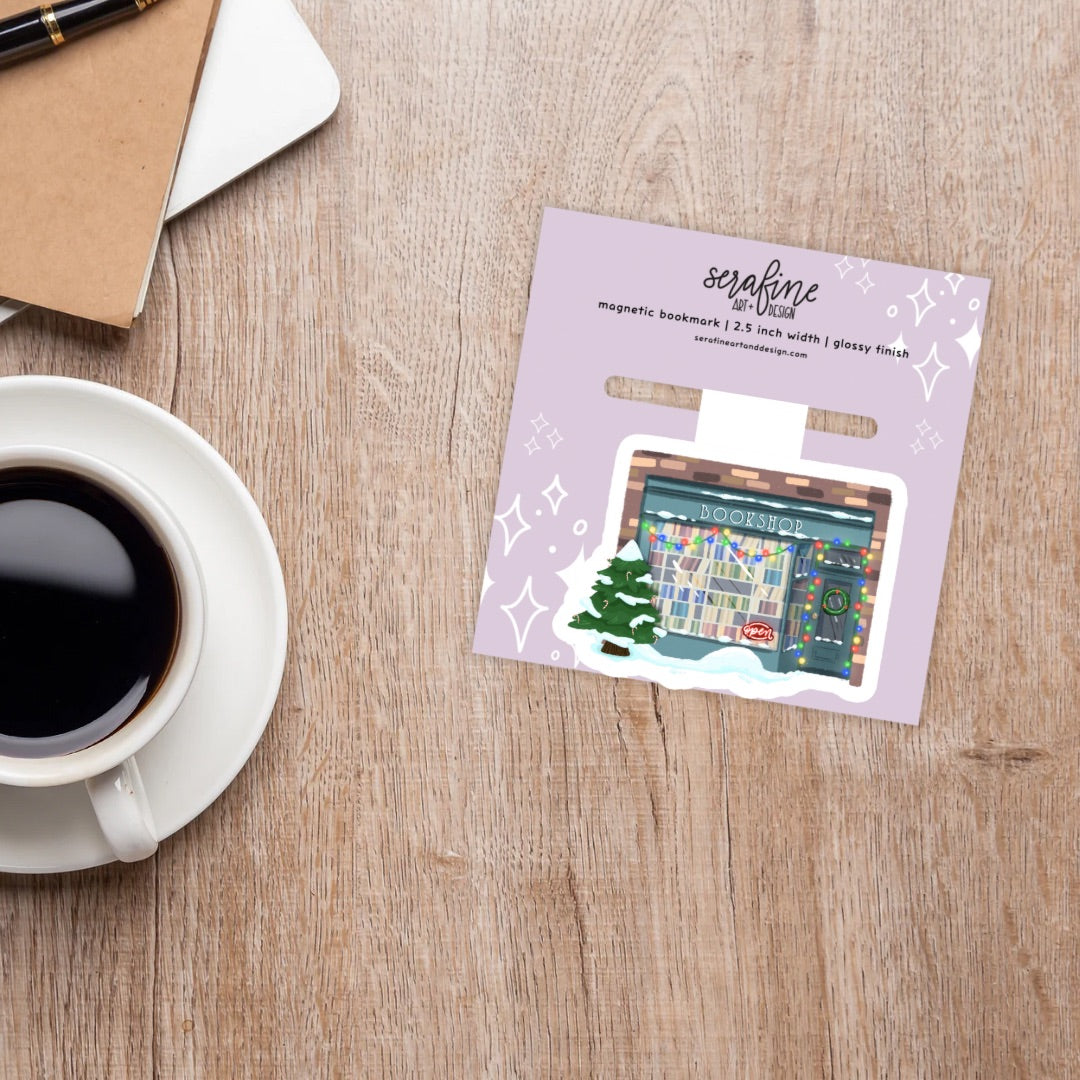 Cozy Christmas Bookstore Magnetic Bookmark | Cute Reading Accessories Gift for Book Lovers