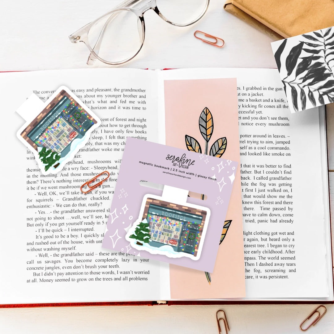 Cozy Christmas Bookstore Magnetic Bookmark | Cute Reading Accessories Gift for Book Lovers