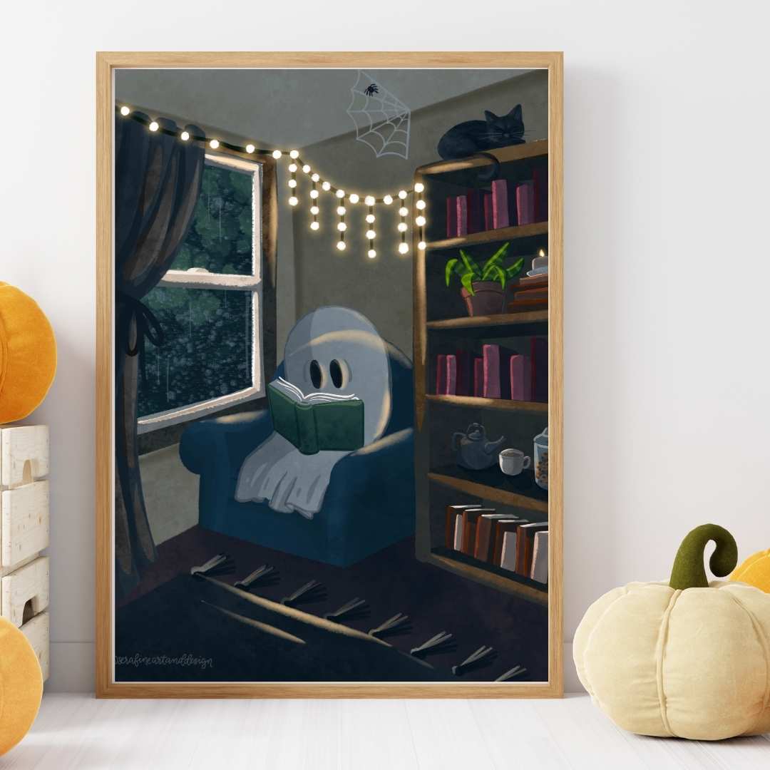 Spooky Reading Ghost Illustration Art Print - Serafine Art & Design - 