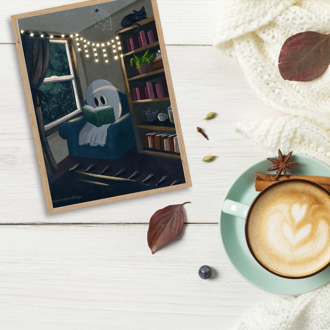 Spooky Reading Ghost Illustration Art Print - Serafine Art & Design - 
