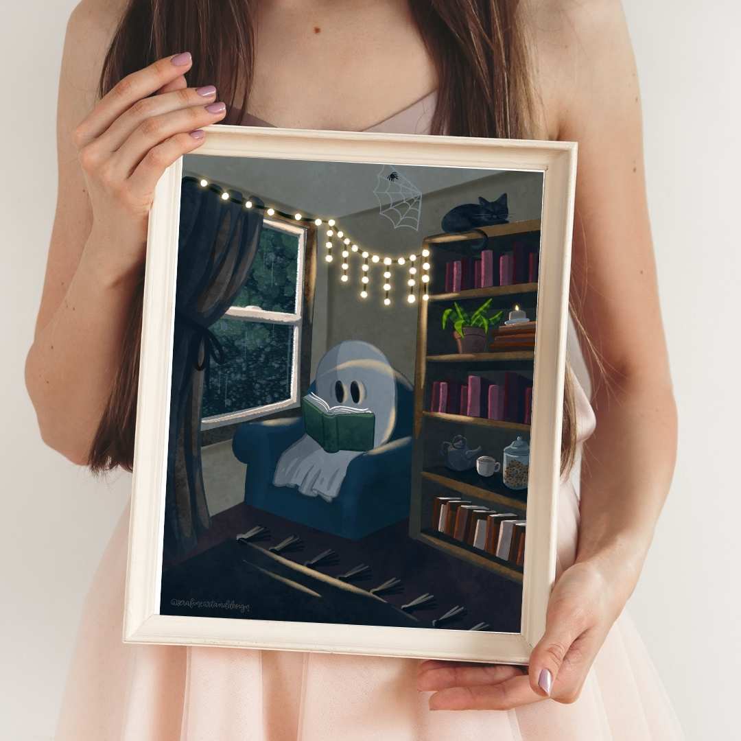 Spooky Reading Ghost Illustration Art Print - Serafine Art & Design - 