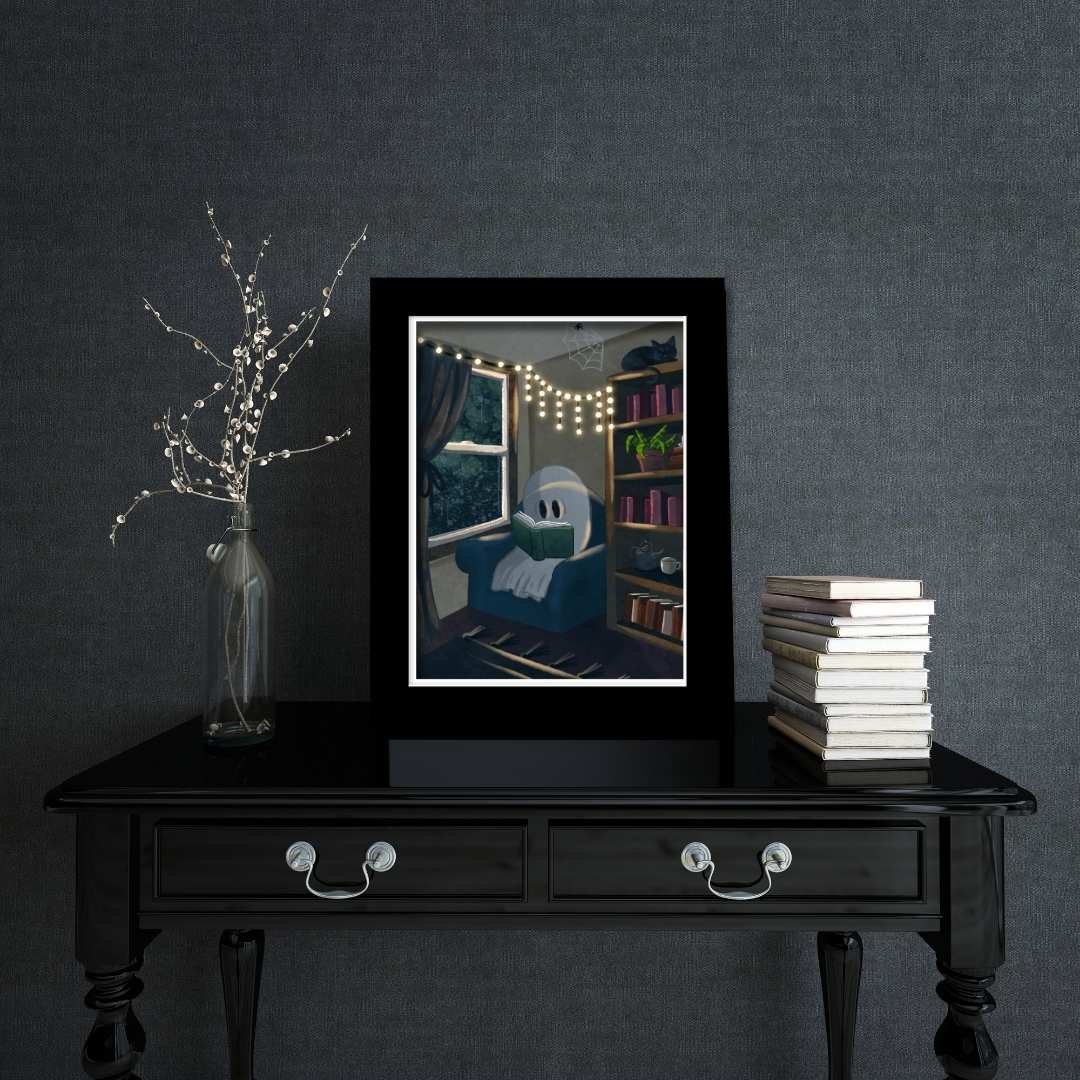 Spooky Reading Ghost Illustration Art Print - Serafine Art & Design - 