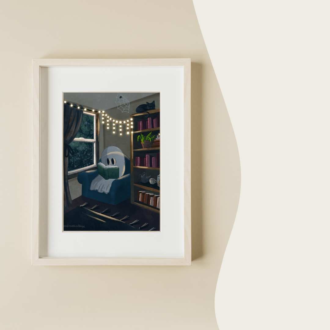 Spooky Reading Ghost Illustration Art Print - Serafine Art & Design - 