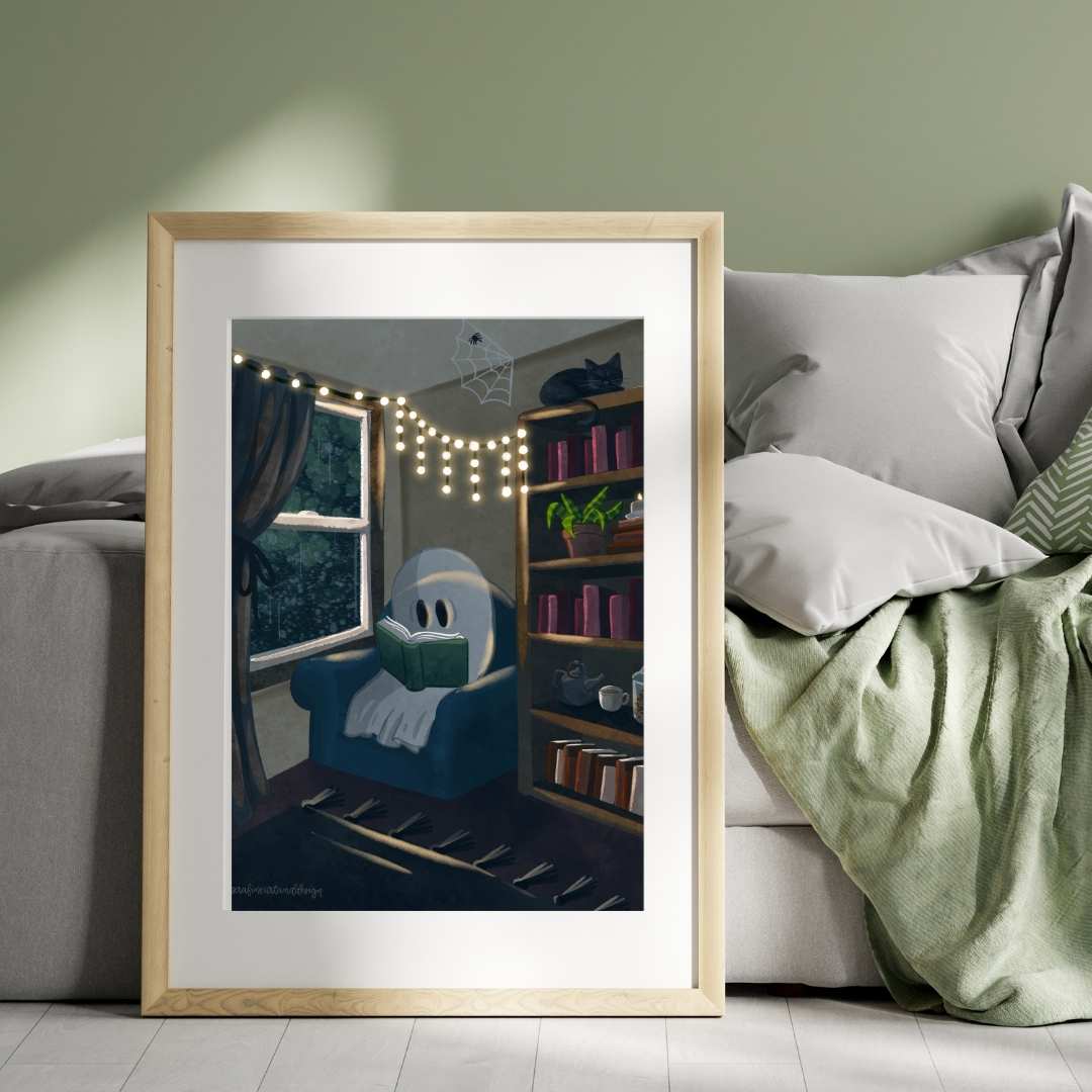 Spooky Reading Ghost Illustration Art Print - Serafine Art & Design - 