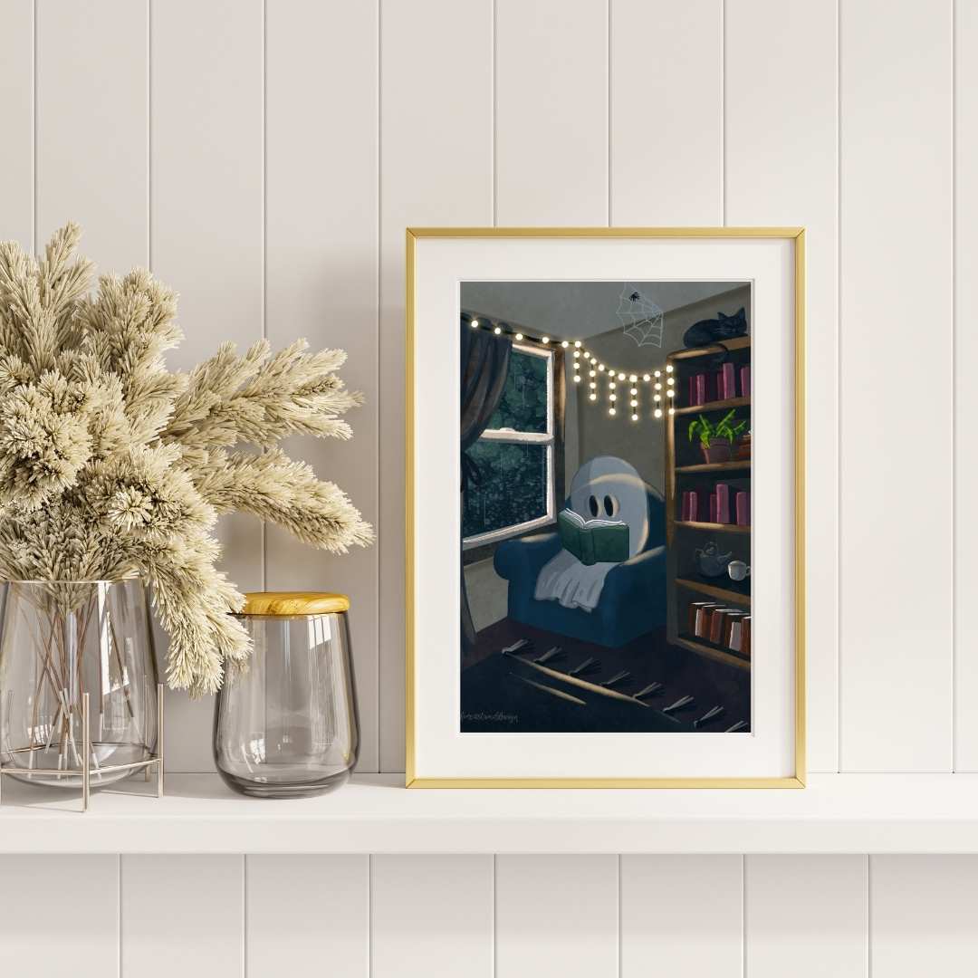 Spooky Reading Ghost Illustration Art Print - Serafine Art & Design - 