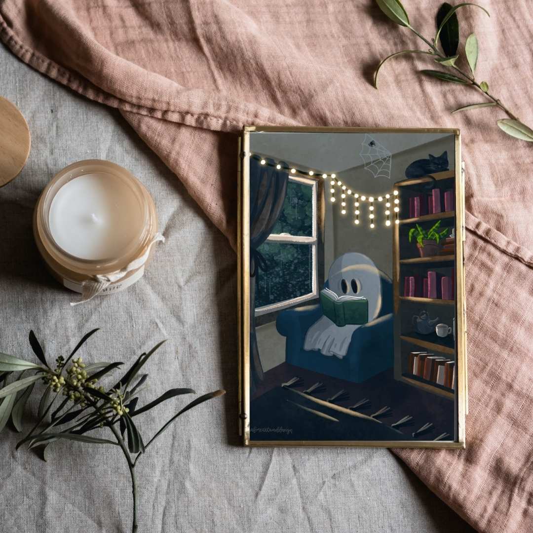 Spooky Reading Ghost Illustration Art Print - Serafine Art & Design - 