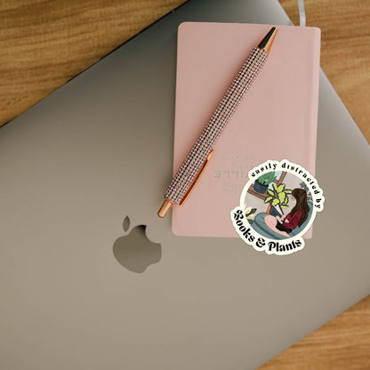 Easily Distracted By Books & Plants Sticker | Cute Bookish Plant Lady Stickers