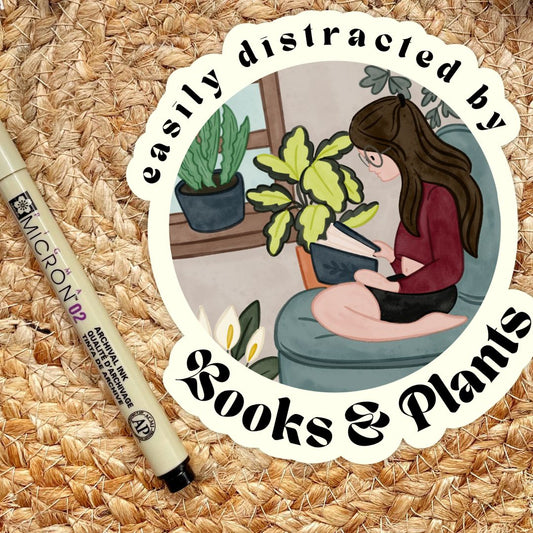 Easily Distracted By Books & Plants Sticker | Cute Bookish Plant Lady Stickers