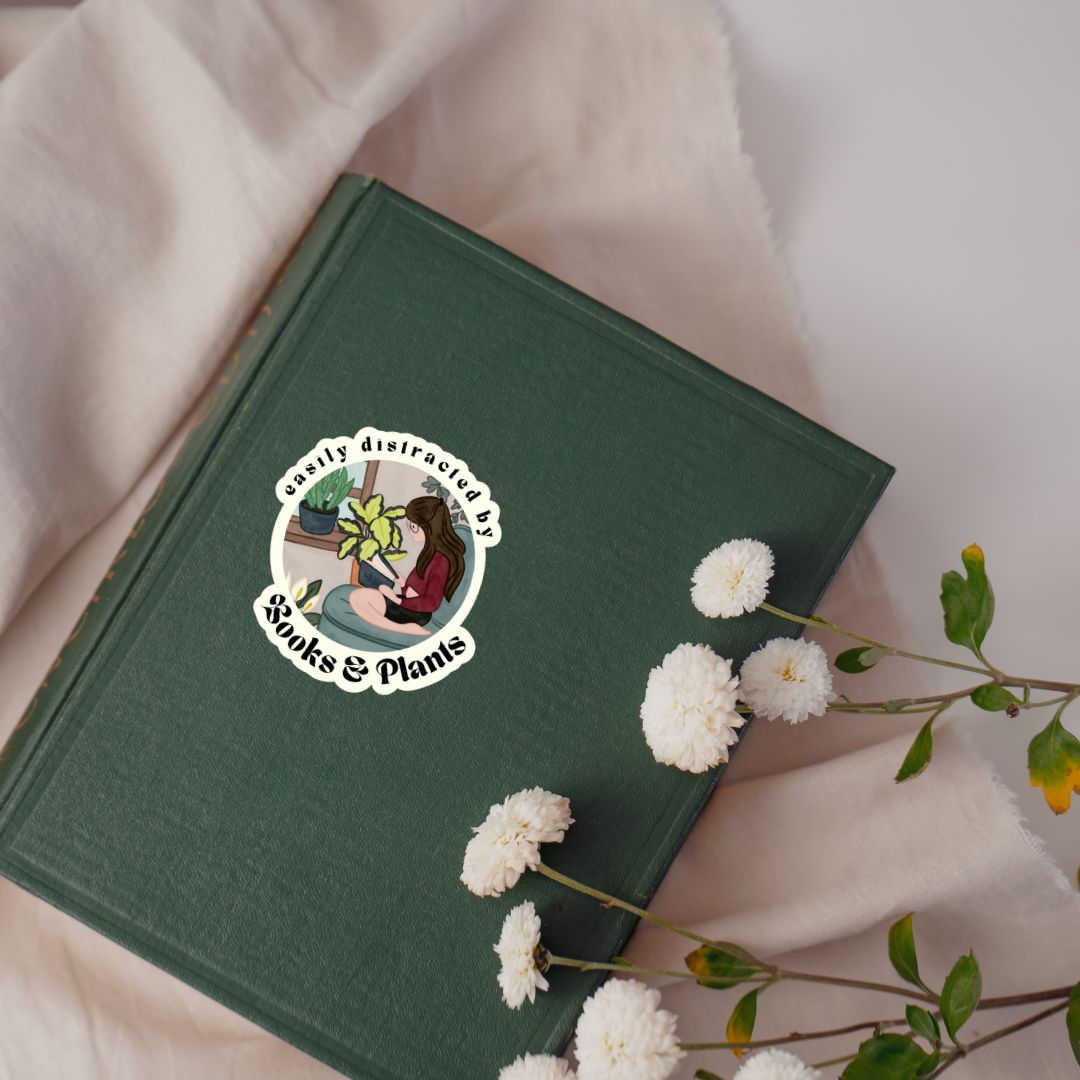 Easily Distracted By Books & Plants Sticker | Cute Bookish Plant Lady Stickers
