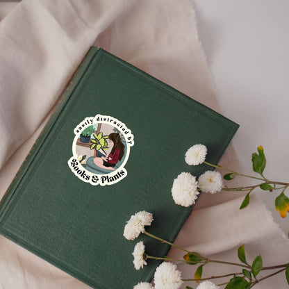Easily Distracted By Books & Plants Sticker | Cute Bookish Plant Lady Stickers
