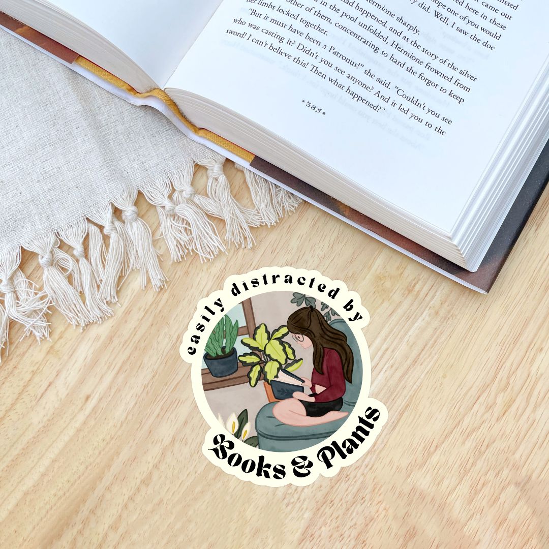 Easily Distracted By Books & Plants Sticker | Cute Bookish Plant Lady Stickers