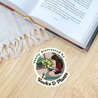 Easily Distracted By Books & Plants Sticker | Cute Bookish Plant Lady Stickers