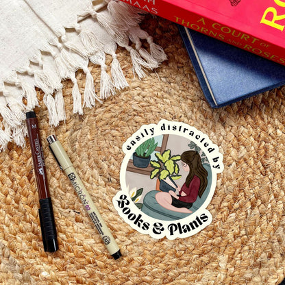 Easily Distracted By Books & Plants Sticker | Cute Bookish Plant Lady Stickers