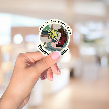 Easily Distracted By Books & Plants Sticker | Cute Bookish Plant Lady Stickers