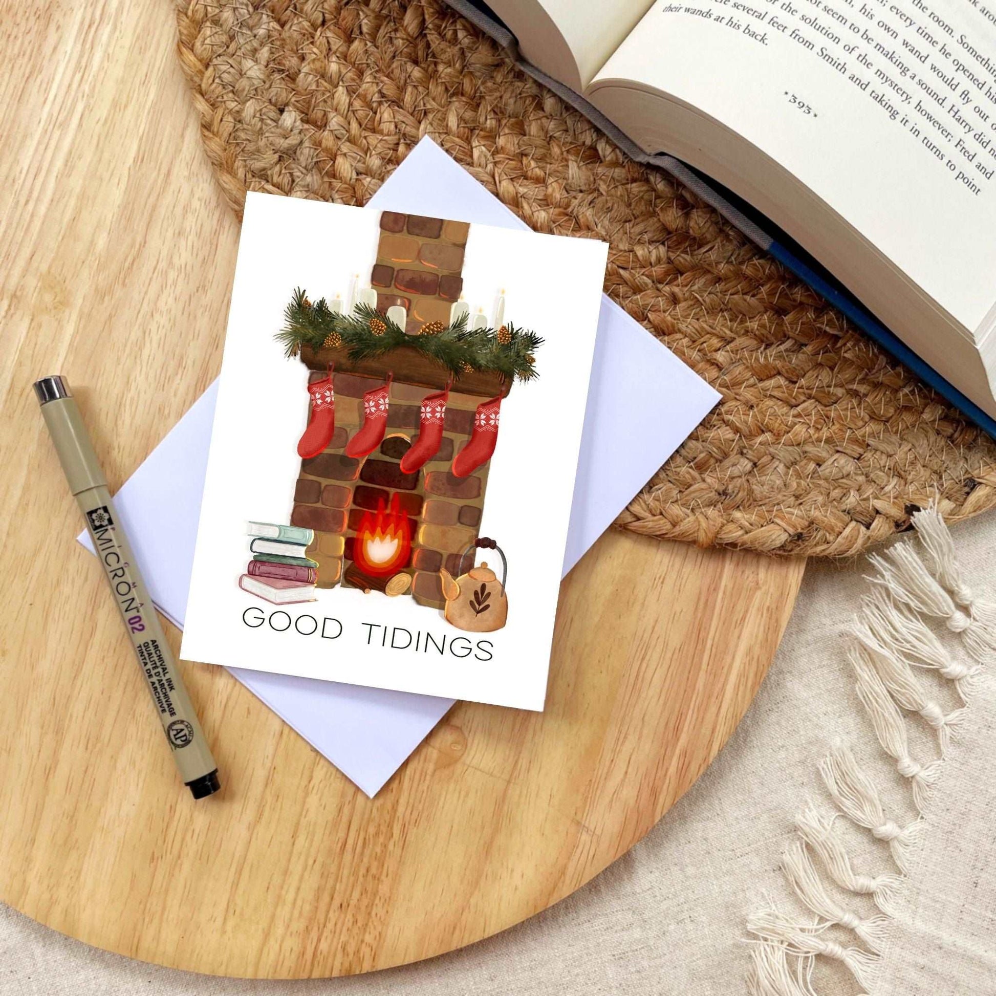 Cozy Fireplace Whimsical Holiday Card