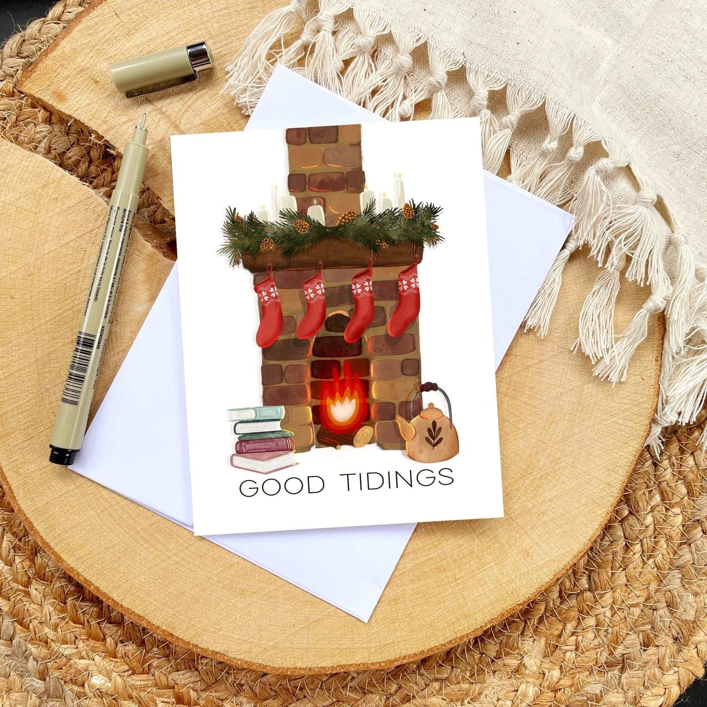 Cozy Fireplace Whimsical Holiday Card