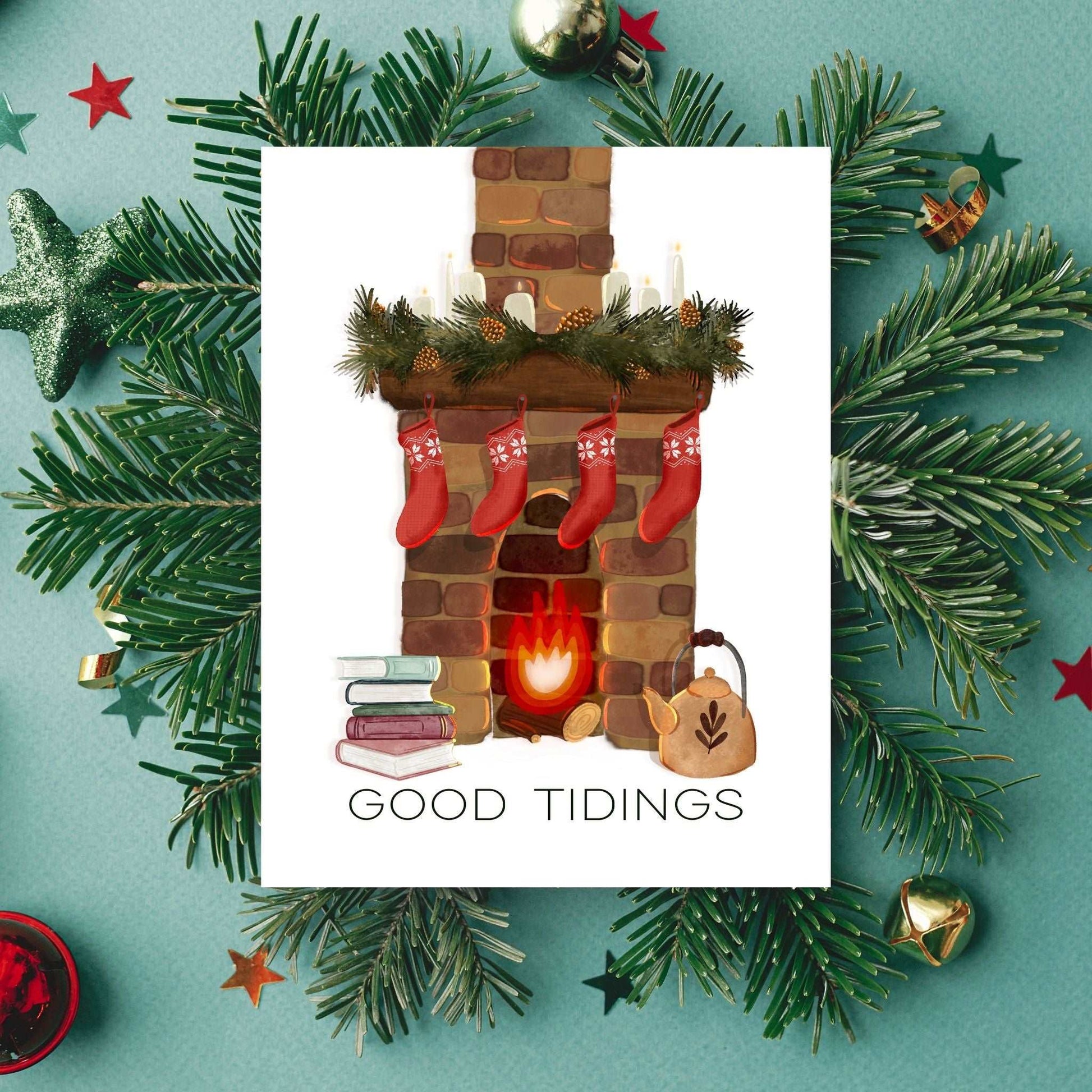 Cozy Fireplace Whimsical Holiday Card